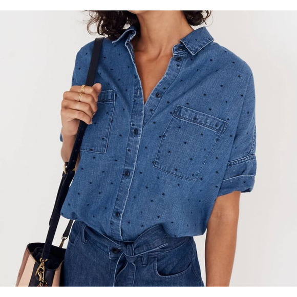 Madewell Denim Courier Button Front Shirt in Metallic Dots, Women's XS - Picture 9 of 10